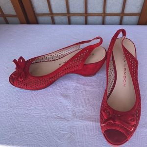 Red suede open toe wedges